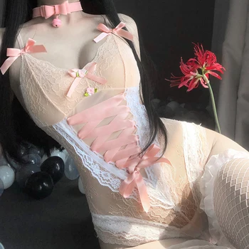 Femei Sexy Lenjerie De Dantelă Florale Lenjerie Body Erotic Doamnelor Cosplay Roz Fără Mâneci V Gât Drăguț Sleepwear Tanga Tricou