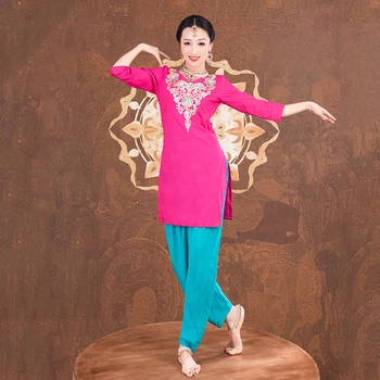 Femeile indiene Adult Primavara-Vara Noi de zi cu Zi Broderie de Bumbac Haine Dans Oriental Rose Topuri și Pantaloni Albaștri Costume de Scenă DQL6580 8