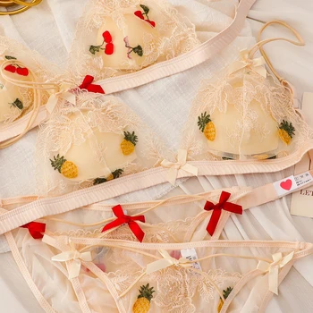 Franceză Triunghi Cupa Sutien Sexy de Dantelă Broderie Fructe Lenjerie de corp pentru Femei de Vara Cherry Ananas Fata Lenjerie intima Seturi