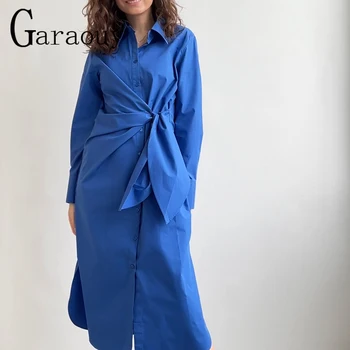 Garaouy 2022 Primăvară Moda Femei Tricou Albastru Rochie Cu Slash Vintage Maneca Lunga Birou Doamnelor Rochie Midi Sundress Halat De Mujer 9