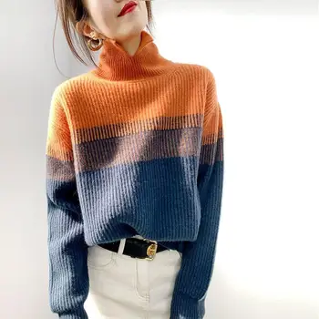 Gât înalt contrast pulover femei 2022 toamna iarna nou gradient pulover cu fund tricou vrac unită pulover Pulover 15