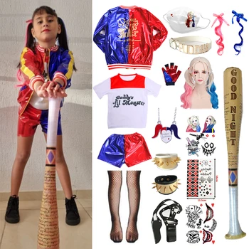 Harleen Quinzel Copii Fete De Costume Cosplay Fantasia Arlequina Petrecere De Halloween Rochie Sacou Bâtă De Baseball Haine Set 1