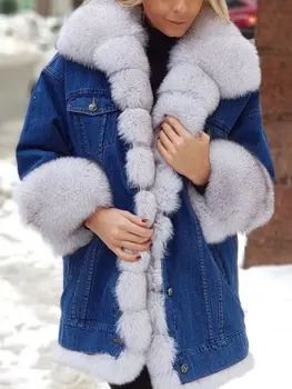 Iarna Moda Doamnelor de Pluș Denim Sacou Cald Sacou cu mâneci Lungi 1