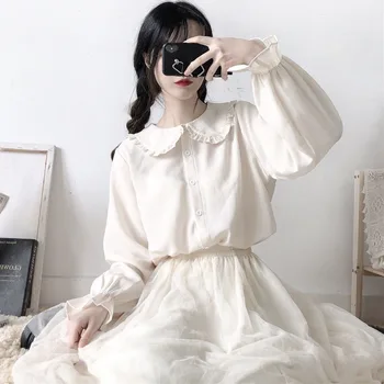 Japoneze la Colegiu Peter Pan Guler Bluza Femei Caise Camasa Guler Alb Loli JK Top Vintage Victorian Tricou Stil Preppy Fata