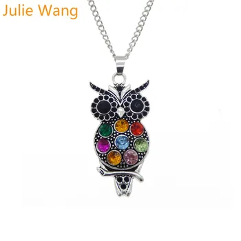 Julie Wang 1BUC Femei Colier Antic Culoare Owl Pandantiv Cu Cristal Colorate Pietre Link-ul Lanț Lung Moda Bijuterii