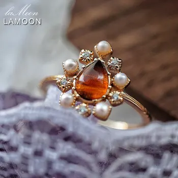 LAMOON Epocă Amber Inel Pentru Femei Elegante Bijou Pearl Argint 925 Placat cu Aur de Bijuterii Fine de Nunta Inel de Logodna