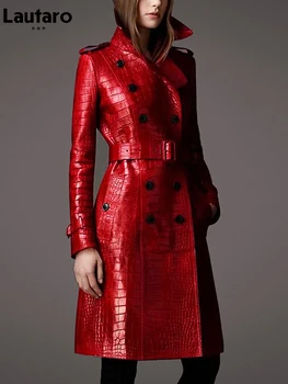 Lautaro Toamnă Lungă Red Crocodile Print din Piele, pardesiu pentru Femei Curea Dublu Rânduri Elegant Stil Britanic de Moda 2021 3
