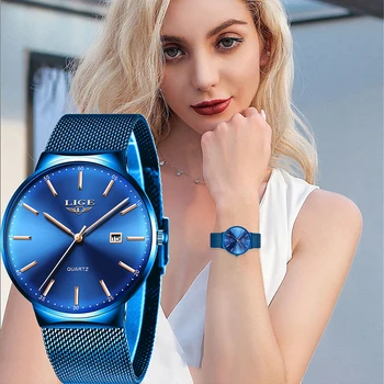 LIGE Femei Ceasuri de Top de Brand de lux Analog Cuarț Ceas Femei Full Albastru ochiurilor de Plasă din Oțel Inoxidabil Data Ceas de Moda Ultra-subțire de Apelare 16
