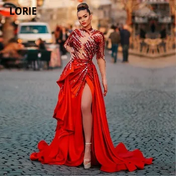 LORIE Mare Couture arabă Rochie de Seara de Înaltă Gât cu Margele cu Rhonestones Rosie cu Maneci Lungi Sexy Dubai Rochie de Bal Rochii de Petrecere