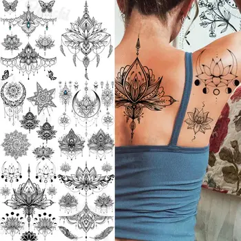 Lotus Negru Henna Tatuaje Temporare Pentru Femei Adulți Realist Fluture Pene Fals Stele Bijuterie Autocolant Tatuaj Braț Sexy Tatuaj