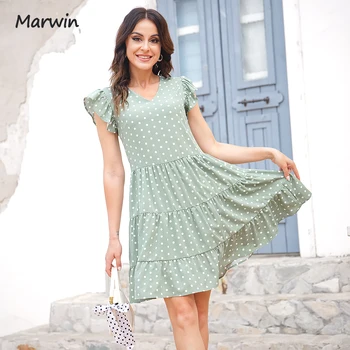 Marwin Simplu Casual Dot V-Neck Zbor Maneca Cu Centura de Vacanță în Stil Talie Mare Moda Mid-Lungime Rochii de Vara NOI Vestidos 2