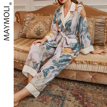 MAYMOLI de Lux Pijamale pentru Femei Vrac Set Confortabil Femeie 2 Bucati Sleepwear Print cu Maneci Lungi Pijama V-neck Haine Femei