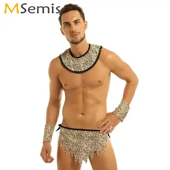 Mens Leopard Imprimate Set De Lenjerie Club Erotic Salbatic Caveman Cosplay Costum Guler Loincloth+Bratara Sissy Roleplay Îmbrăcăminte De Noapte 13