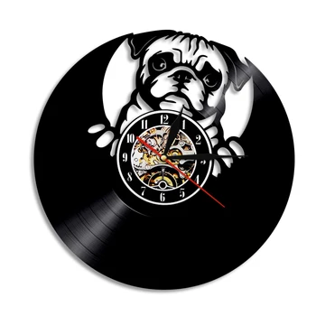 Minunat Pug Câine Bulldog Britanic disc de Vinil CONDUS Ceas de Perete cu Design Modern Animale Catelus Ceasuri de Perete Pepinieră Arta de Perete Decor
