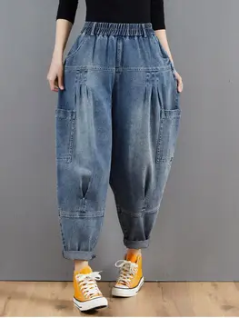Moda Elastic Talie Pantaloni pentru Femei 2022 Nou Liber de Lână de Iarnă Îngroșat Vintage Denim Supradimensionate, Pantaloni Harem Streetwear Blugi 2