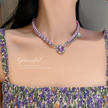 Moda Inima Violet Cristal Colier Pentru Femei Elegant Pearl Clavicula Colier Stras Bijuterii Cadouri cravată colier