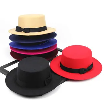 Moda Lână Artificială Luntraș Plat Pălărie de Top Pentru Copii, Femei Simțit Margine Largă Fedora Pălărie Cu Arc Bărbați Bowler Părinte-copil Pălărie de Fetru 11