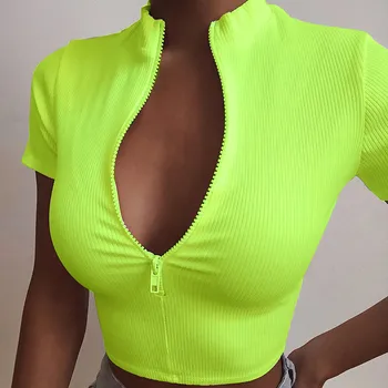 Moda Sexy Slim Fit cu Fermoar T-shirt Pentru Femei Adânc V-gât Culoare Solidă Corset Bustiera Trunchiate Topuri Haine de Vară 