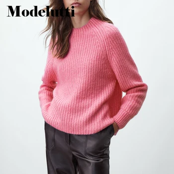 Modelutti 2022 Nouă Primăvară De Toamnă De Moda Tricot De Culoare Solidă Rotund Gat Mâneci Bufante Pulover Simplu Casual, Temperament Top Femei 8
