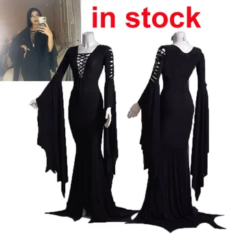 Morticia Addams cosplay costum plus dimensiune Morticia familie Gotic Rochie Maxi Păgâne Pixie Vampir Negru Dantelă Rochie de Până
