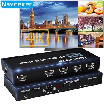 Navceker KVM compatibil HDMI Multiviewer 4K 4 În 1 iesire 1080P Quad Ecran Multi Viewer HDMI Multi-Viewer fără Sudură Comutator cu IR 13