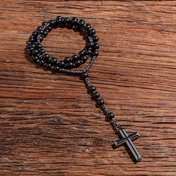 Negru mat cu Margele de Onix Creștină Catolică Rozariul Colier Pandantiv Cruce Bărbați și Femei Meditație Mala Bijuterii 7