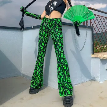 Negru, Verde Neon Pantaloni Lungi Haine De Moda De Talie Pantaloni Flare 2019 Toamna Streetwear Green Flame Print Ars Pantaloni Pentru Femei 11