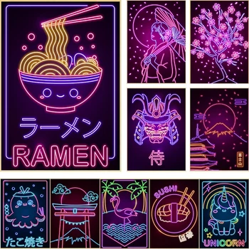 Neon Design Japonez Val Ramen Sushi Cat Fuji Sakura Postere Canvas Tablou Japonia Alimente Cultura Arta De Perete Pentru Bucatarie Decor Acasă