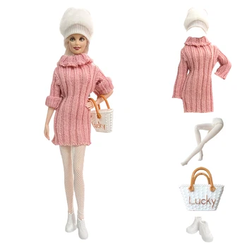 NK Oficial 1 Set Roz Tricotate din Bumbac Pulover de Moda Rochie Sac de Pantofi Pantofi Șosete Haine pentru Barbie Papusa Accesorii 6