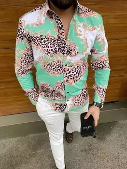 NOUL Leopard cereale design Bărbați imprimare Tricouri de sex Masculin Slim Fit Maneca Lunga Floare de Imprimare Casual Camasa Topuri 12