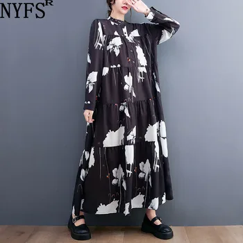 NYFS 2023 Toamna Noua Coreea Femei Rochie Vestidos Halat Elbise Vrac Plus Dimensiune Poliester Maneca Lunga Print Mozaic Rochii 7