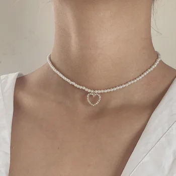 Pietre Zircon Margele Colier de Perle pentru Femei Hollow Inima Pandantiv Colier Estetice Clavicula Lanț Coliere Bijuterii Cadou
