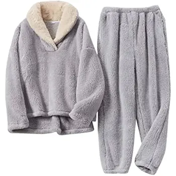 Pijama Fleece pentru Femei Moale Confortabil, Pufos Pijama Set Pulover Pantaloni Largi de Pluș Haine groase pentru Iarnă Sleepwear 4
