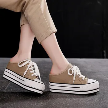 Platforme Pantofi de Panza pentru Femei Pană Adidași cu Tocuri de 8cm Dantela-up Pantofi de Moda Femeie Platforma Adidasi Femei Casual Jumătate Papuci