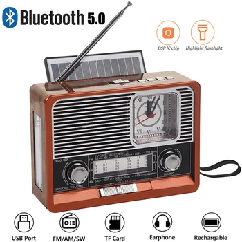 Portabil Retro Radio FM/AM/SW1-6 Receptor Radio Difuzor Bluetooth Solare MP3 Player de Muzică cu LED Suport USB/TF Card/AUX