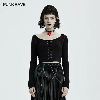 PUNK RAVE Femei Punk Cultură Maneca Lunga tricou Negru Moda Gotic de zi cu Zi Kinny Pătrat Ochiuri Decor Top Scurt 11