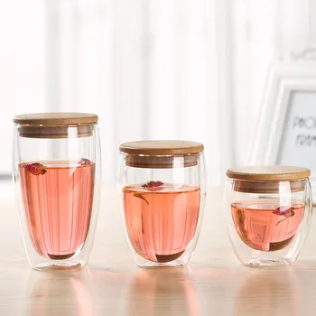 Rezistente la căldură, Ceai, Ceașcă de Sticlă cu Capac de Bambus Curata Dublu Wal Creative Lapte de Cafea Halbă de Bere Manual Transparent Drinkware