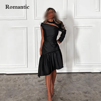 Romantic Noua Moda Rochie De Seara Căpăstru Asimetric Negru Satin Arabia Saudită De Bal Scurte Rochii De Petrecere Pentru Femei 2022 9