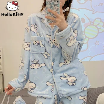 Sanrio Cinnamoroll Pijamale Flanel Desene Animate Kuromi Melodie Haine De Acasă 2 Bucata Set Femei Pluș Moale Sleepwear Cardigan Topuri Pantaloni 15