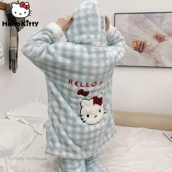 Sanrio Hello Kitty Noi Haine De Acasă Y2k Pluș Pijamale 2 Piese Set Pentru Femei Camasa De Noapte Cu Glugă Topuri Pantaloni Kawaii Pufoase Pijamale Costum 13