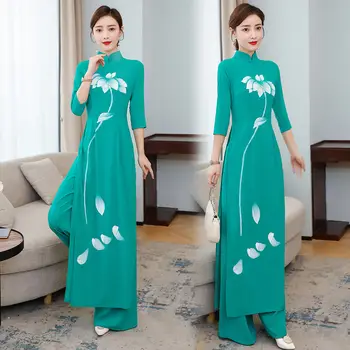 Set Lady 2021 Primavara-Vara pentru Femei Pictate manual Cheongsam Slim Mid-Lungime Mare Split Rochie Pantaloni Largi Două Bucata Costum y1413 13