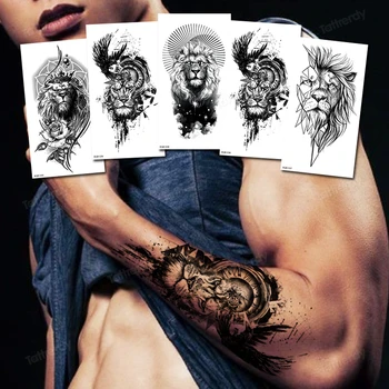 sexy autocolant tatuaj anime tigru cap de leu pădure regele regina model negru brațul impermeabil tatuaj temporar pentru barbati femei body art