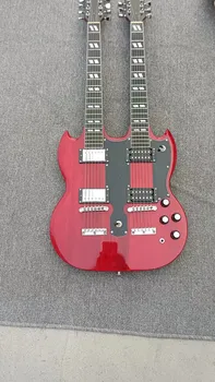 SG în formă de dublu gât chitara electrica, 6 siruri de caractere + 12 corzi, corp roșu, dublu diagonal, Gibson buton, alb accesorii, real 11