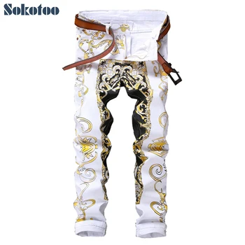 Sokotoo Barbati slim imprimare blugi de Moda de flori drept alb denim pantaloni pantaloni Lungi 1