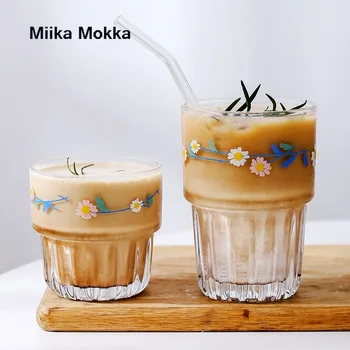 Stil Japonez Daisy Flori Imprimate Transparent De Sticlă Creative Cafea, Ceai, Băuturi Desert, Mic Dejun Lapte Cana Cani De Sticla Drinkware