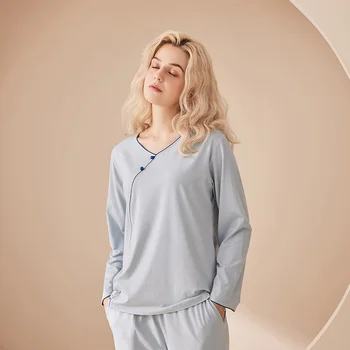 Stil național Femei Pijamale, Haine de Acasă cu Maneci Lungi Pantaloni Set Simplu de Primăvară Și de Toamnă Vrac Montarea (Femei)