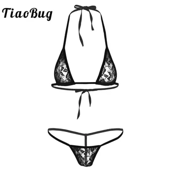 TiaoBug Femei costum de Baie Dantelă Florale Vedea Prin Micro Bikini Set Lenjerie Pură Halter Bra cu G-String-Chiloței Sexy Lenjerie de corp