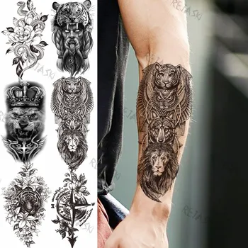Tigru 3D Bufnita Leu Lup Tatuaje Temporare Pentru Oamenii de Sarpe Adult Coroana Tatuaj Fals Busola Trib Unic de Transfer de Apă Tatoo Autocolant 11
