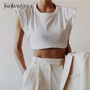 TWOTWINSTYLE Minimalist Femei T Shirt O de Gât Sleevelesss Scurt Elegant T-Shirt Pentru Femeie Îmbrăcăminte de Modă 2020 Primavara-Vara 9