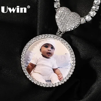 UWIN DIY Foto Medalion Pandantiv Colier cu Inima Bezel 3cm diametru Imagine Farmece de Gheață Afară CZ Bijuterii de Moda pentru Cadou 5